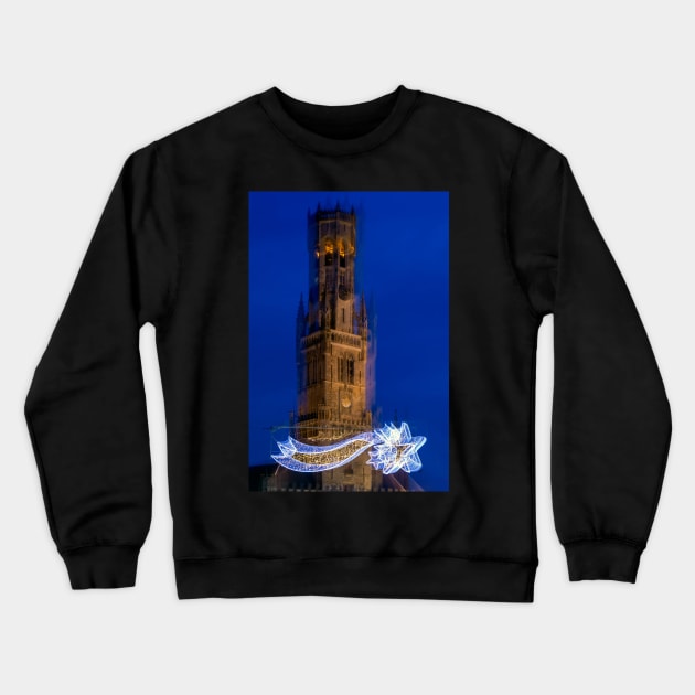 Abstract image of Belfry of Bruges with Christmas decoration Crewneck Sweatshirt by lena-maximova